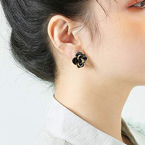 Classic Enamel Camellia Clip Earrings Elegant Flower Hypoallergenic Non Pierced Earrings 925 Silver Stud Earrings for Women Bridal 5