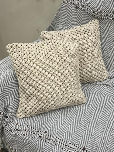 Image of Beautifull and Luxurious Handmade 100% Cotton Macrame Cushion Cover 16 inchx16 inch inch in Natural White Colour | Boho Cushion Cover in Premium Canvas Duck Fabric (5, WDM403)