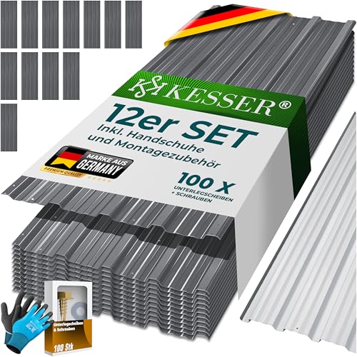 KESSER® 12x Profilblech Trapezblech 129cm x 45cm = 7 m² - Dachblech für Gerätehaus, Dachplatten Verzinkter Stahl 0,25mm, inkl. 100 Schrauben + Unterlegscheiben & Montagehandschuhe, Grau