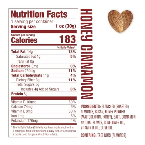 Image of AlmondRx | Heart Healthy Skinless Lightly Salted California Almond Snack Packs | Fortified with Vitamin D | Plant Protein | Keto | Vegan | No Sugar Added (24 Pack, Honey Cinnamon)