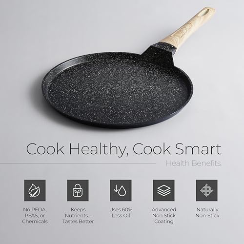 Image of Lifelong Die-cast Flat Roti Tawa with Wooden Finish Handle & Spatula for Dosa, Chapati | 28cm, 1kg | Pre-Seasoned Non-Toxic, Non-Stick & Teflon Free, Durable | Gas & Induction Stove-Friendly (LLDCT28)