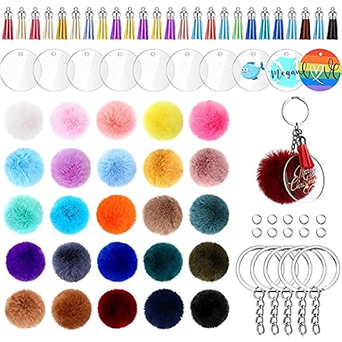 195pcs Keyring Making Kit with 25pcs Transparent Circle Acrylic Disc Blanks, 25pcs Fluffy Pom Pom Balls, 25pcs Leather Tassels, 40pcs Key Chains, 80pcs Jump Rings, Cute Charm Craft for Women, Girl Cover