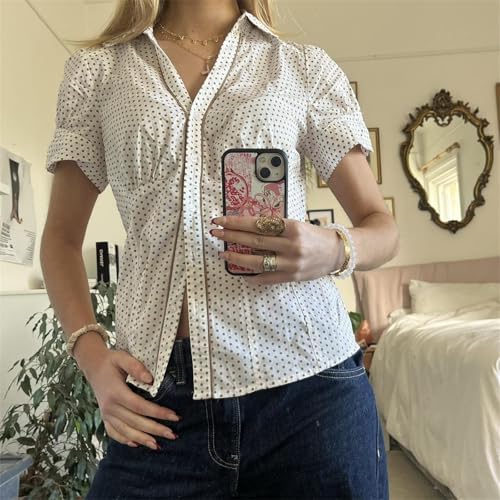 Image of Y2k Girls Vintage Coquette Button Down Shirt Women Short Sleeve V-Neck Slim Fitted T-Shirt Cute Blouse Crop Top (White #G, M)