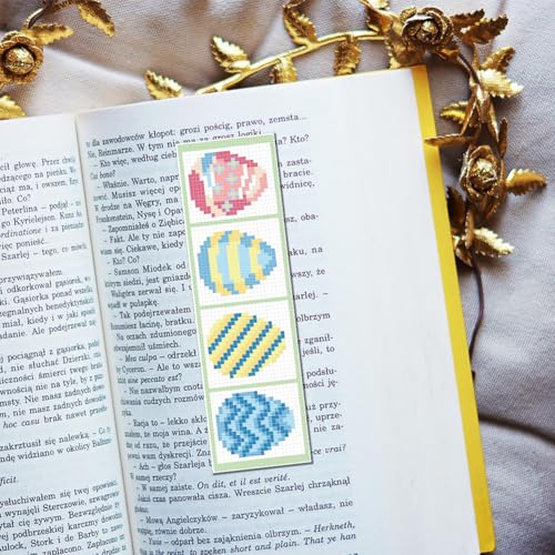 Image of FREEBLOSS 6 Set Easter Cross Stitch Bookmark Kits Easter Eggs Pattern Stamped Cross Stitch Kit with Clear Instructions DIY Bookmarks Cross Stitch Kits Embroidery Bookmarks Kit for Adults Beginners