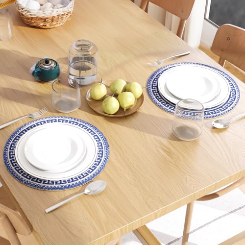 Image of Dining Table Mats Set of 2 | Cotton Table Mat 32 cm Diameter, Encasa XO Washable Round Table Mats, Heat Resistance Dining Table Placemats, Handmade Ribbed Style for Centre Table, Blue Mandala Print