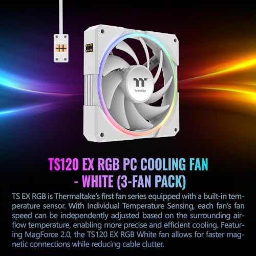 Image of Thermaltake TS120 EX RGB 120mm; Embedded Temperature Sensor; PWM 500~2000 RPM; MagForce 2.0; Airflow 56.01 CFM; Hydraulic Bearing; TT RGB Plus 3.0; Controller Included; 3-Pack; White; CL-F207-PL12SW-A