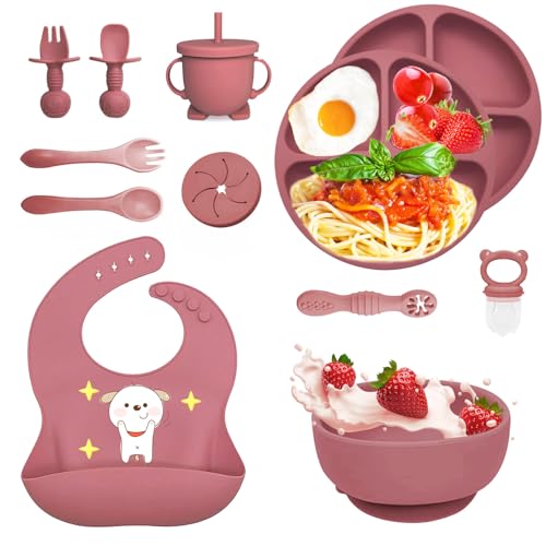 Bizcasa Vajilla Bebe Silicona, 12 Piezas Vajilla de Silicona para Bebés Antideslizante con Plato Cuenco Babero Taza, Cubiertos Bebe, Baby Led Weaning, Cubiertos Infantiles, Sin BPA (Rosa oscuro)