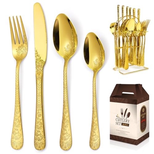 Home Safety Besteck Set Gold 6 Personen, Edelstahl Modern Goldenes Besteck 24 teilig, Essbesteck Set mit Messer/Gabel/Löffel, Hochwertiges...
