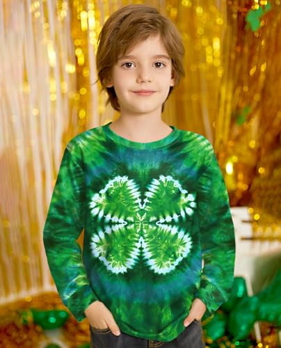 Image of Unisex Kids St. Patrick's Tie Dye Irish Clover Long Sleeve Shirt Shamrock Green Sweatshirt 6-14 Years