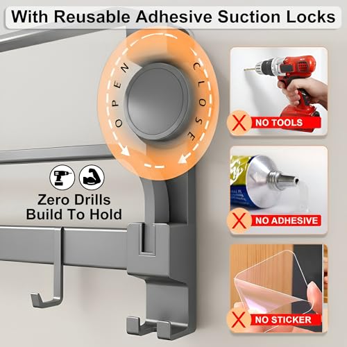 Image of Story@Home 24 Inches Premium Aluminium Finish Folding Towel Holder Rack for Bathroom, Rod with Hooks | Rack for Bathroom, Suction Towel Rack | Folding Towel Rack Floating No Drill Shelf - Grey