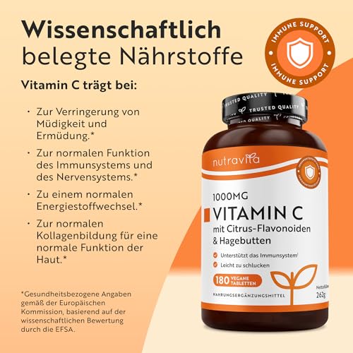 Nutravita Vitamin C 1000mg hochdosiert – 6 Monatsvorrat – Mit Bioflavonoide aus der Bitterorange und Hagebutte –180 Tabletten – 6 Monatsvorrat – Ohne unerwünschte Zusätze