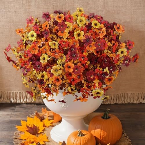 16 Bundles Artificial Fall Flowers for Outdoors, UV Resistant Fall Fake Mums Outside, Realistic Silk Petals & Plastic Stems for Autumn Porch Planters, Patio Yard Garden Decor- Mixed 3 Colors