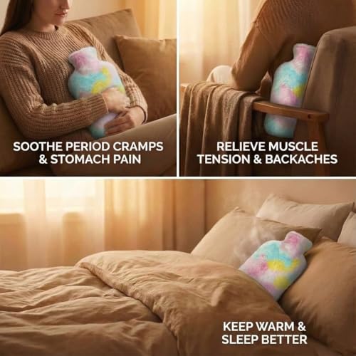 Image of Hot Water Bottle with Soft Plush Cover 2000ml Medical Grade Silicone Hot Water Bag for Period Cramps, Back Pain Relief, Hot & Cold Therapy, Muscle Aches & Body Relaxation Heating Pad (Unicorn)