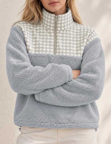 Grijaaz Women Quarter Zip Fleece Pullover Fuzzy Sherpa Jacket(Grey-XL) - image 2