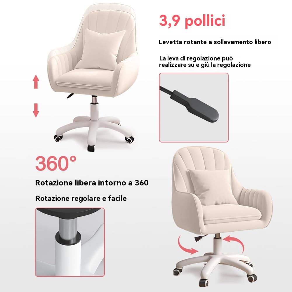 Sedia da Ufficio per Casa - Sedia Girevole Moderna con Schienale Medio Imbottito, Sedia da ufficio trucco,Trapuntata, Altezza Regolabile, Dettaglio Velluto - Adatta per Camera da Letto o Studio