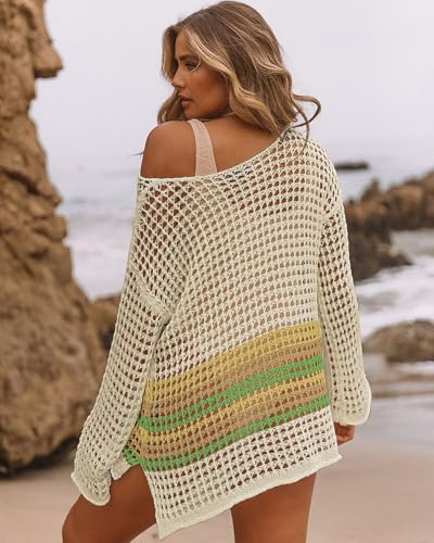 Image of Bsubseach Crochet Cover Up Women Sexy Hollow Out Swim Coverup Summer Outfit | Long Sleeve Beach Cover Up, One Size Fits All, Flattering for All Body Types, Chic Crochet Top, for Vacations & Lounging
