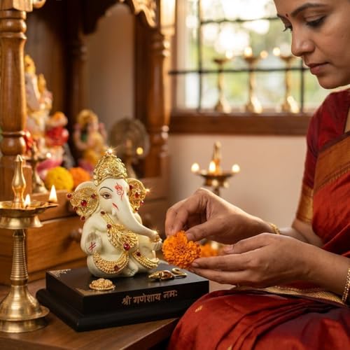 Image of Ganesha Idol for Home Decor | 4 Inch Golden Ganpati Murti with Stone Work | Resin Ganesh Ji Idol for Car Dashboard, Office Desk & Pooja Room | Vastu Decorative Statue (172g)