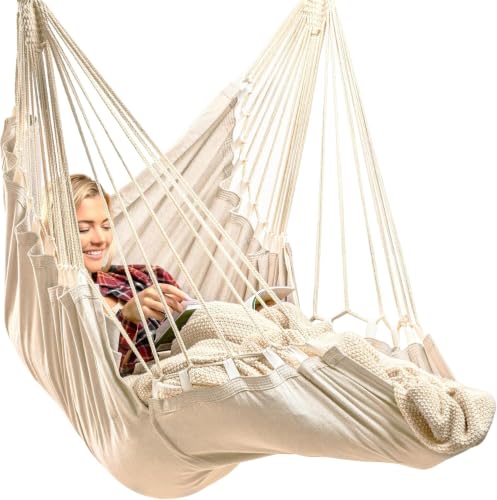 Image of Hanging Hammock Chair Swing - Outdoor & Indoor - Hammock Swing Chair | For Adults, Ceiling Mount, Cotton Blend, All Hardware Included, Spacious XL Seat, Bedroom to Porch Use, Built-In Footrest
