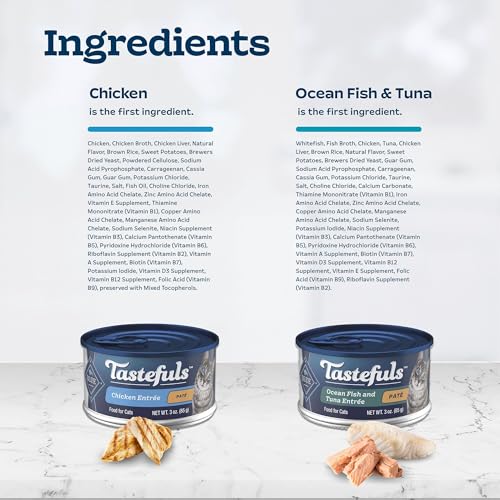 Image of Blue Buffalo Tastefuls Wet Cat Food, Made with Natural Ingredients, Chicken and Ocean Fish Pate Entrees, 3oz Cans, 4-Count Variety Pack Trial Size