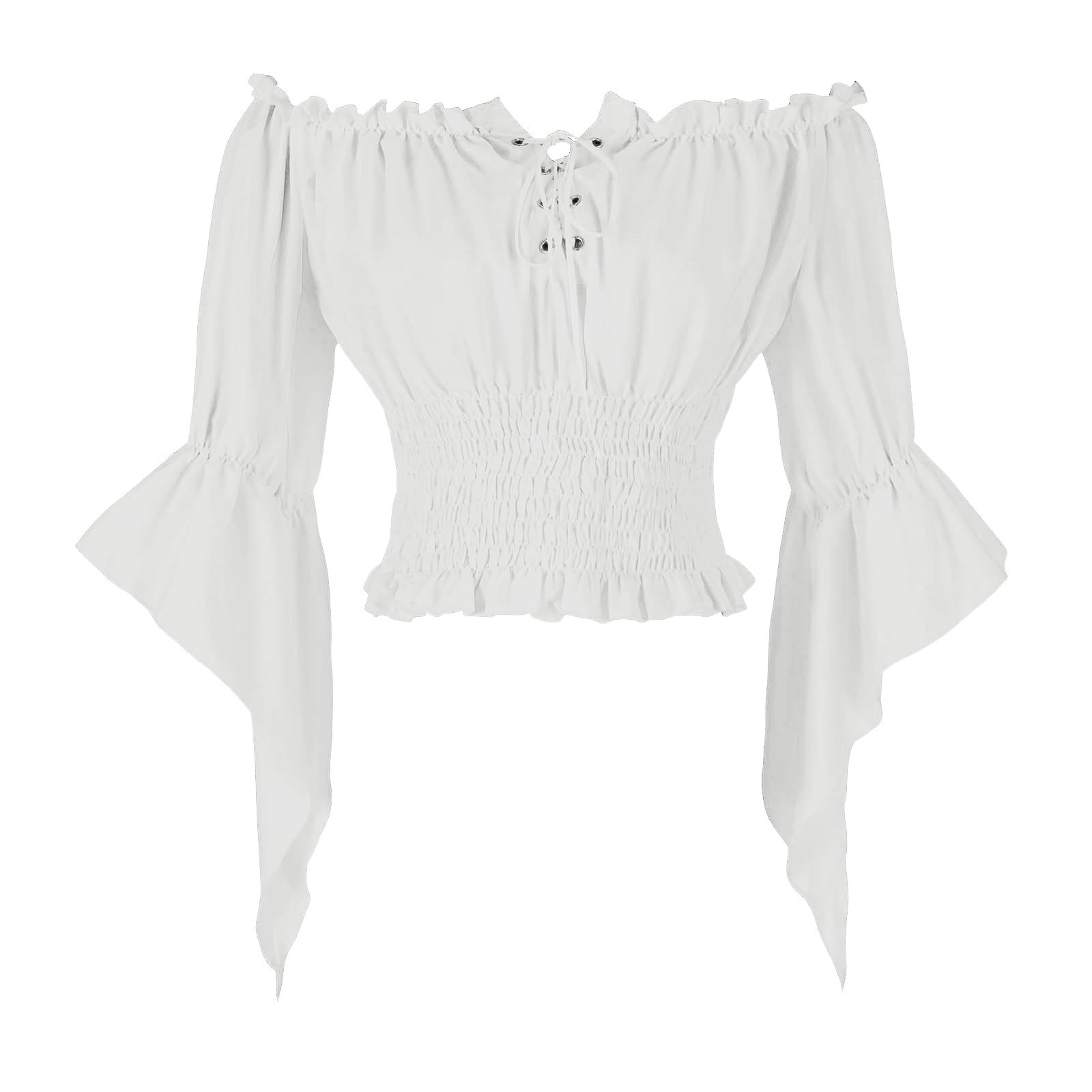 HAOLEI Women Victorian Tops Off Shoulder Ruffle Shirts Elastic Waist Medieval Costumes Renaissance Pirate Trumpet Long Sleeve Peasant Blouses White