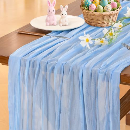 Image of Socomi Blue Cheesecloth Table Runner Summer Light Blue Boho Rustic Gauze 120 inch 10FT Cheese Cloth Sheer Runner for Wedding Party Baby Shower Birthday Home Decor Holiday Decorations