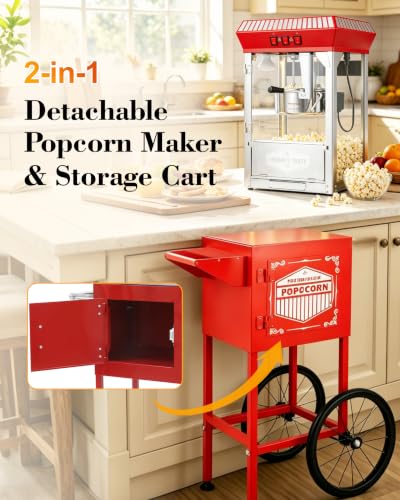 Image of Large Popcorn Machine with Cart: 12 Oz Vintage Commercial Popcorn with Foldable Stand Makes Up to 48 Cups, 3 Serving Cups, Measuring Cups & a Scoop for Home Party Office, Matte Red