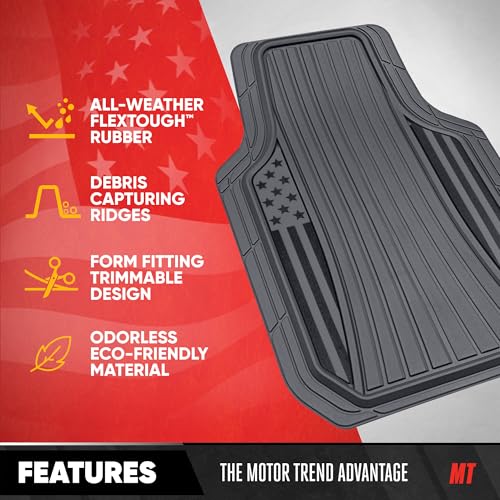 Image of MotorTrend Black Flag Rubber Floor Mats - All Weather Car Mats with American Flag Stars & Stripes Design, Heavy-Duty Automotive Floor Mats for Cars, SUVs & Trucks Grey /Black