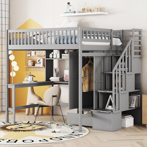 BOVZA Full Size Wood Loft Bed with Storage Stairs, Desk, Bookshelf, Drawers and Wardrobe, Stairway Loft Bed Frame with High Guardrails for Kids Teens Adults, Gray
