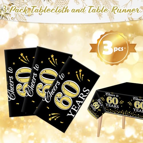 Image of Ganeen 3 Pcs 60th Birthday Tablecloths Black Gold Disposable Plastic Cheers to 60 Years Table Cloths Waterproof Rectangle Table Cover for Anniversary 60th Birthday Party Decoration, 54 x 108 Inch