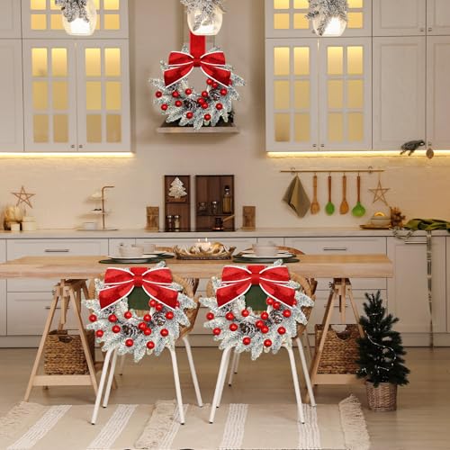 Image of Dingion 6 Pcs 6 Inch Christmas Mini Cabinet Wreaths for Kitchen with Ribbon Bows Red Berry Small Winter Window Wreath Garland for Door Window Farmhouse Christmas Party Decorations