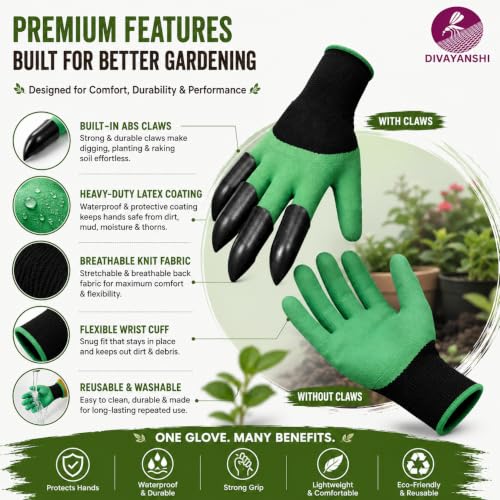 Image of DIVAYANSHI Gardening Gloves with Claws for Digging, Waterproof Puncture Resistant Garden Gloves for Women & Men, Garden Work Gloves for Planting, Weeding, Raking, Pruning & Yard Work