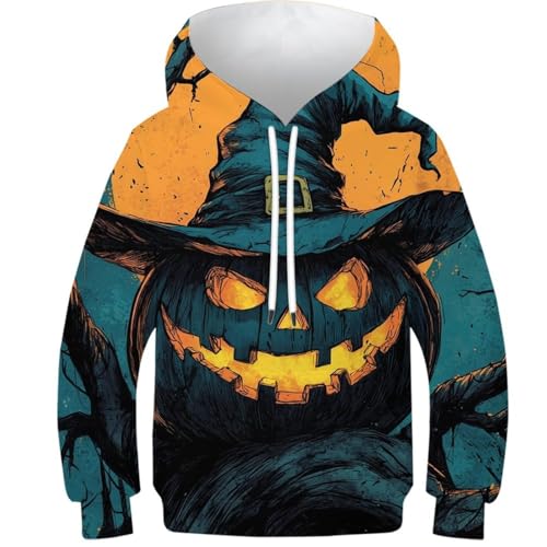 Sweat à capuche Halloween imprimé 3D citrouille pour enfant de 8-10 ans avec poches