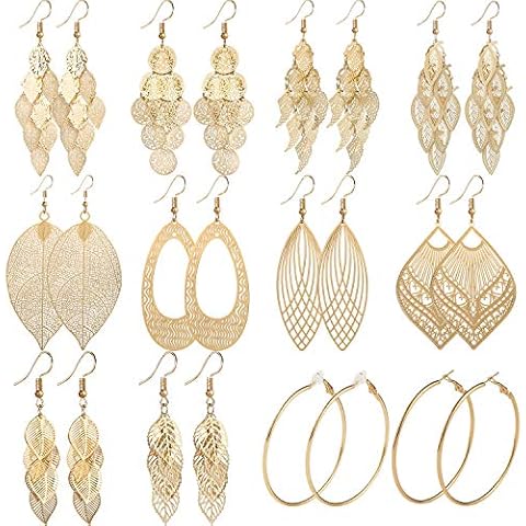 Starain 12 Pairs Gold Hoop Earrings for Women Long Layered Leaf Earrings Vintage Statement Dangle Drop Earrings Set Cover