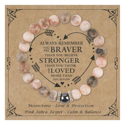 Alaoo Anxiety Bracelet Natural Pink Stone Bracelet Crystal Pink Healing Zebra Bracelets Elastic Crystal Beads Bracelets Christmas Birthday Gifts for Women Girls Friend Sister Mom (Pearl)