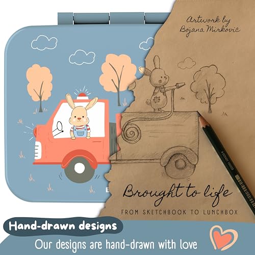 Image of BEARFOOT Kids Lunch Box with Compartments - Compact & Lightweight | Leak-Proof, BPA-Free, Dishwasher Safe | Hand-Drawn Design for Preschool, School, Travel (Firetruck Bunnies Blue, 4 Cups) | BPA Free Leakproof Lunch Box with Compartments School & Nursery for Girls & Boys Lightweight & Compact
