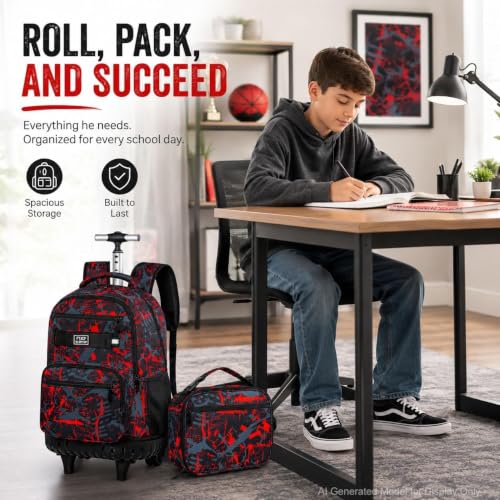 Image of 3Pcs Rolling Backpack for Boys, 19 Inche Adults Roller Bag with Wheels, Graffiti Wheeled Bookbag Set for Men(Red)