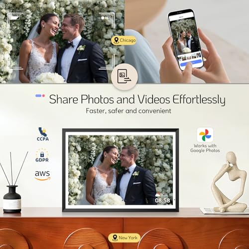 Image of NexFoto 13.5 inch Digital Picture Frame 64GB, 3K Resolution Touchscreen Electronic Photo Frame, Add Pics from Google Photos, Share Photos /Videos via APP /USB, Unboxing Gift Mode, for Christmas /Mom, Black
