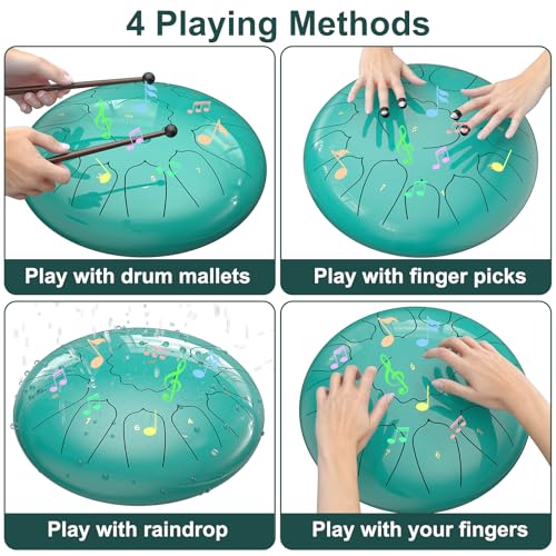 Image of D Major Steel Tongue Drum Handpan, 12 Inch 13 Note Rain Drum for Outside Garden, Meditation Rain Chime, Musical Percussion Instrument for Adult Gift with Bag, Music Book, Drum Mallets (Lake Blue)