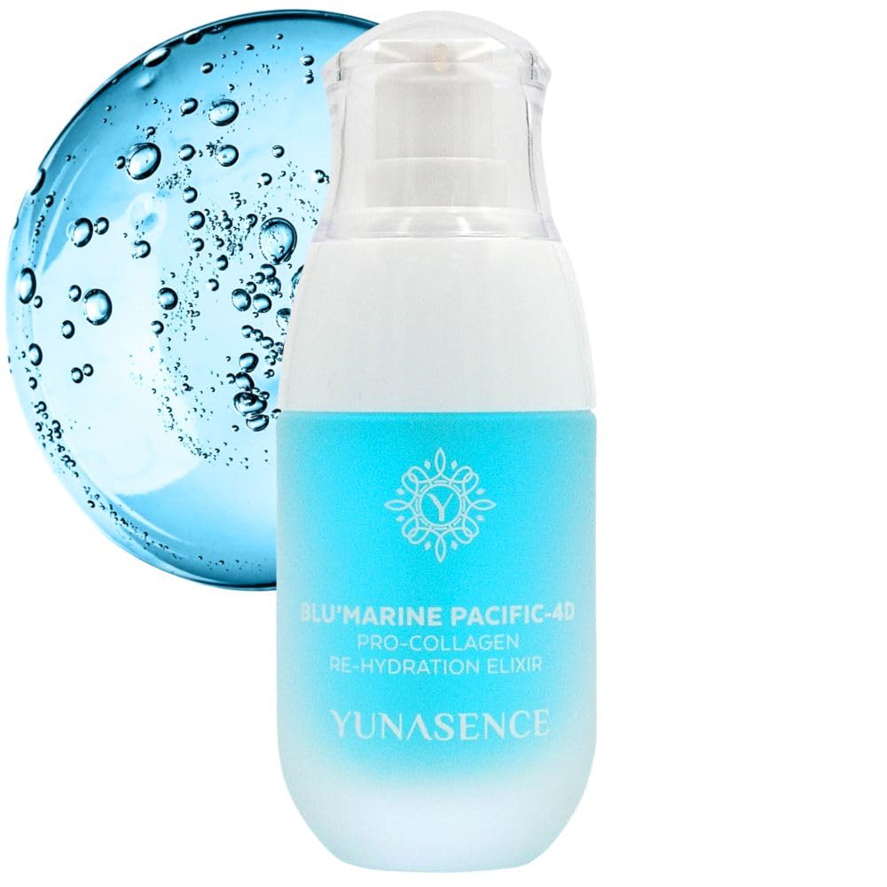 YUNASENCE BLU’MARINE Pacific – 4D Pro-Collagen Re-Hydration Elixir, with Malachite Extract, 4D Hyaluronic Acid 10%, GABA & Peptides. With blue light