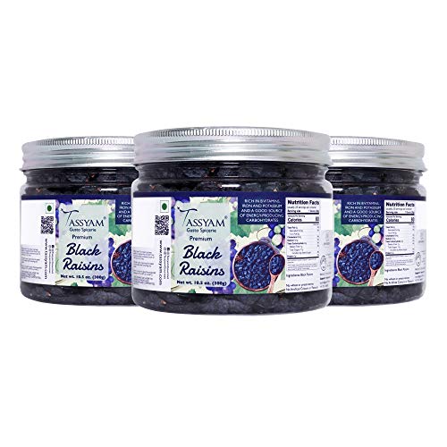 Image of Tassyam Premium Hand Picked Black Raisins 900g (3x 300g) Jar | Healthy Natural Dry Fruits Luxury Pack of Kali Draksh Kishmish