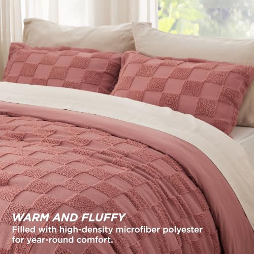 Image of Bedsure King Size Comforter Set Grayish Pink, Boho Tufted Bed Set, Checkered Farmhouse-Style Distressed Vintage Bedding, 3 Pieces, 1 Plaid Geometric Comforter and 2 Pillow Shams