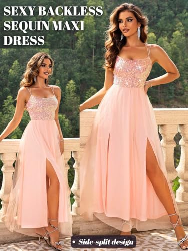 Image of ShawGobow Tulle Prom Dress with Slit,Sequin Backless Long Flowy Dresses for Women,Sexy Sparkly Outfits Homecoming Wedding