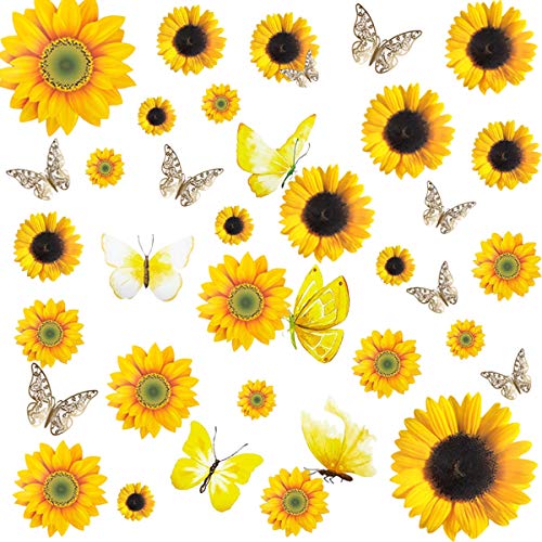 Sunflower Wall Stickers with 3D Butterfly Wall Decor Stickers 39 PCS Flowers Wall Decals Gold 3D Butterfly Removable Mural Stickers Wall Decor Decals for Home and Room Decoration