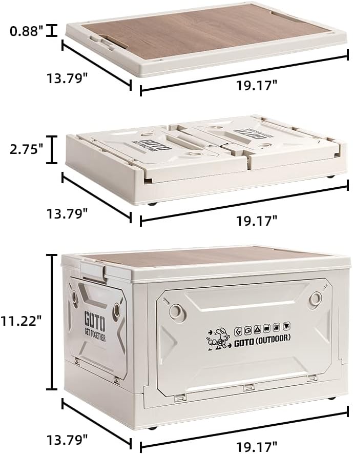 GOTO 50L Folding Storage Box with Wooden Lid, Stackable Foldable Storage Bin with Wooden Cover, Side Opening Folding Storage Containers for Camping, Car Trunk, Home Sorting (Creamy White)