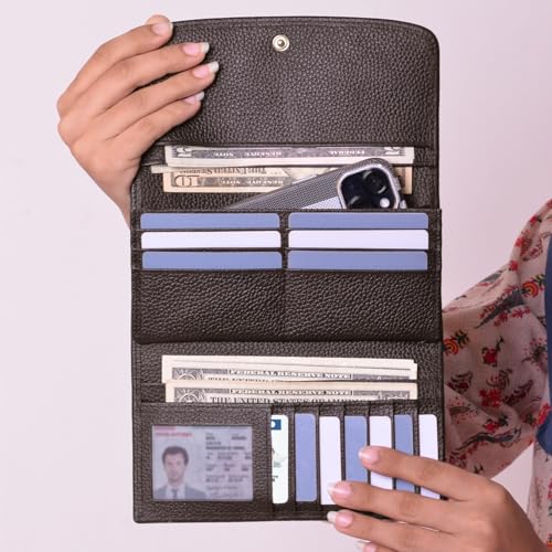 Image of Genuine Leather Women's RFID Blocking Trifold Slim Clutch Wallet with 12 Card Slots, 1 ID Window, and 4 Cash Slots