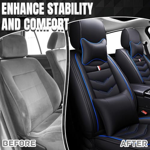 Image of Car Seat Covers Fit for Ford Escape 2001-2026, Leather Seat Covers for Car, Waterproof Non-Slip Durable Car Seat Protector(2 Seats with Pillow,Black Blue)