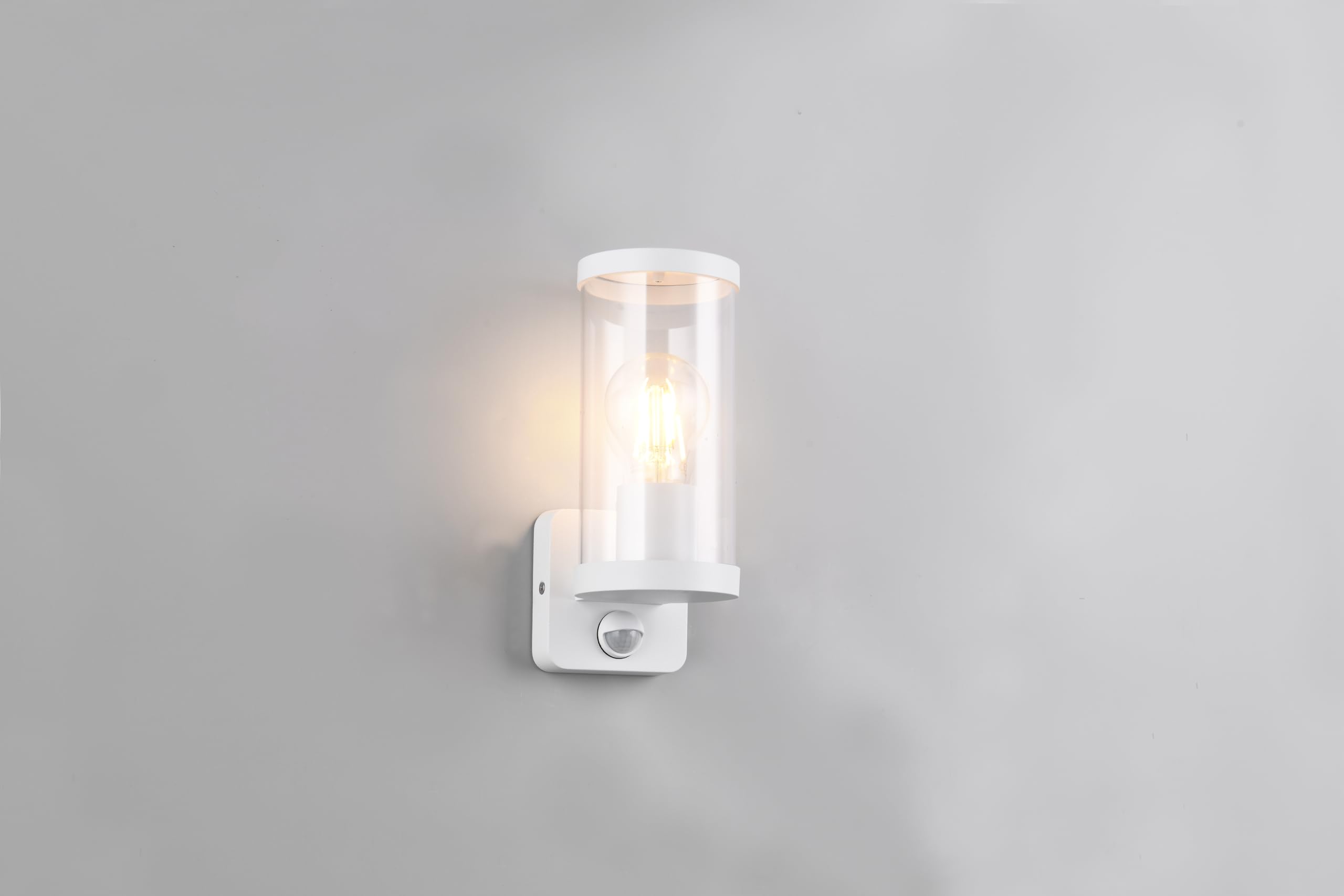 Reality Leuchten Außen Wandleuchte Bonito R21599131, Aluminium Druckguss Weiß matt, Schirm Kunststoff klar, exkl. 1x E27, Bewegungsmelder