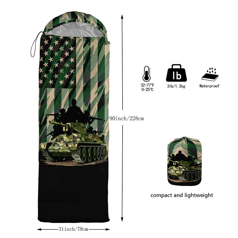 Datura home Kids Sleeping Bag for Boys,Camouflage Ameriaca Flag Tank-Lightweight Warm Portable Outdoor Indoor-Waterproof Cold Weather Resistant Sleeping Bag for Camping Hiking(Camouflage 32*90