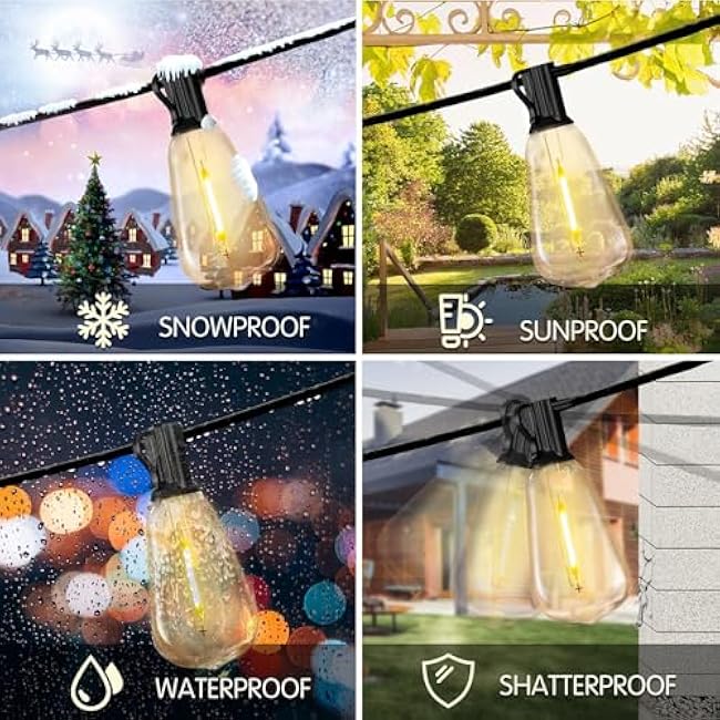DAYBETTER Outdoor String Lights 100FT Waterproof 50 pcs Warm White LED Bulbs 2700K for Patio,Yard,Garden Durable Weatherproof String Lights for Outside for Parties, Weddings, Backyard