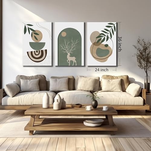 Image of Boho Sun Canvas Wall Art Set of 3, Neutral Abstract Minimalismt Bohemian Geometric & Botanical Plants Pictures Prints Artwork Paintings Wall Decor for Bedroom Living Room Home Decoration 24x36 inches